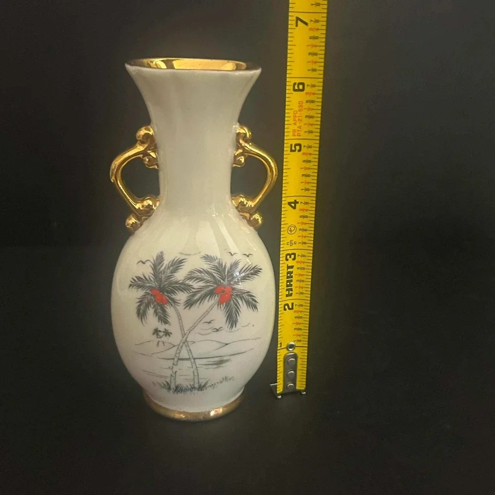 Tropical Palm Tree Gold Handles Vintage Bud Vase Cream Gold Trim Mid-Century